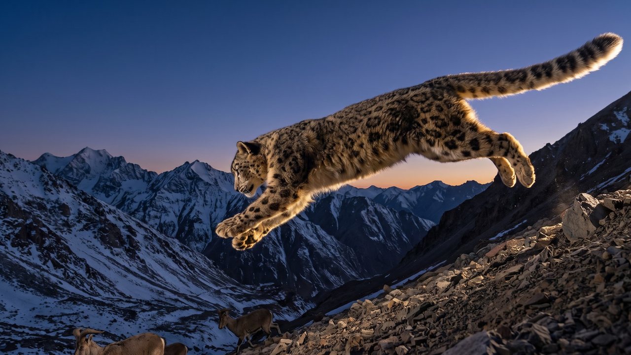 A snow leopard in a long jump at dusk