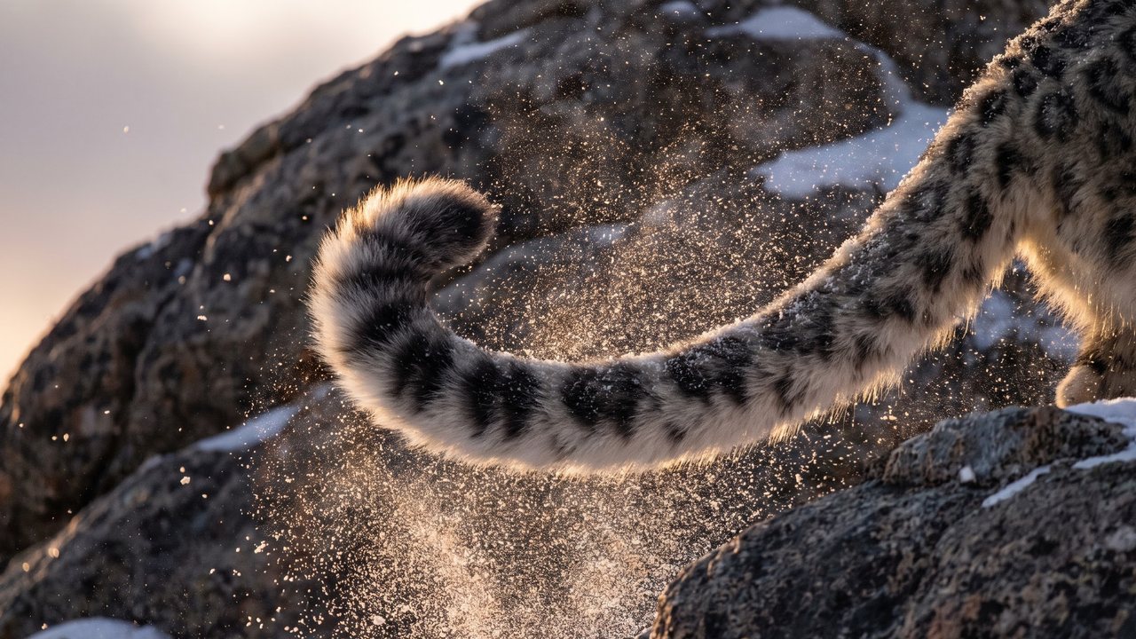The ringed tail of a snow leopard with blowing snow dust
