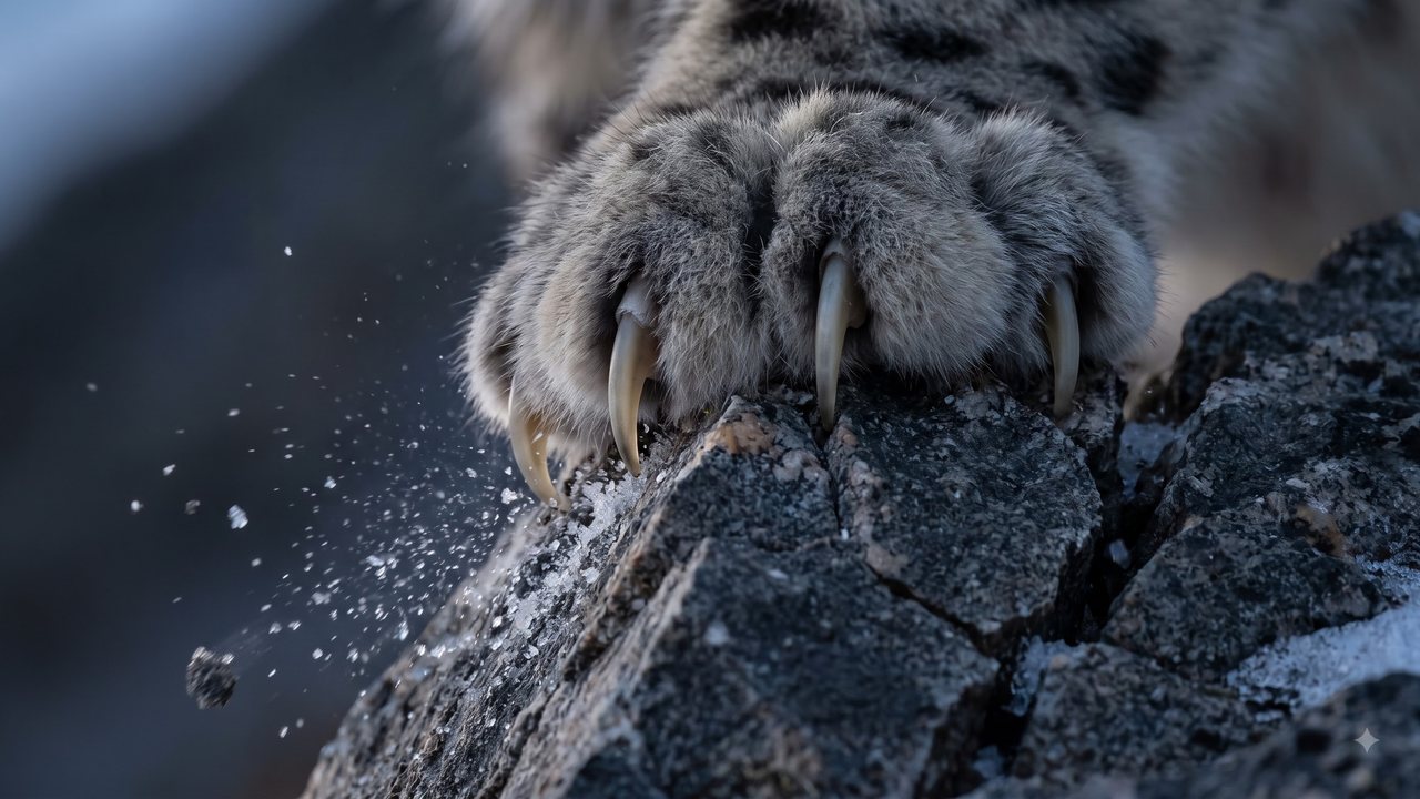 Claws gripping a rock with snow dust