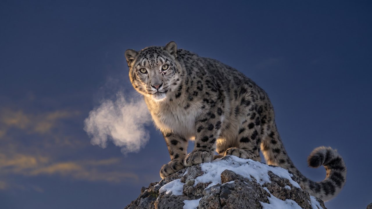 A snow leopard on a snowy rock at blue hour with breath vapor
